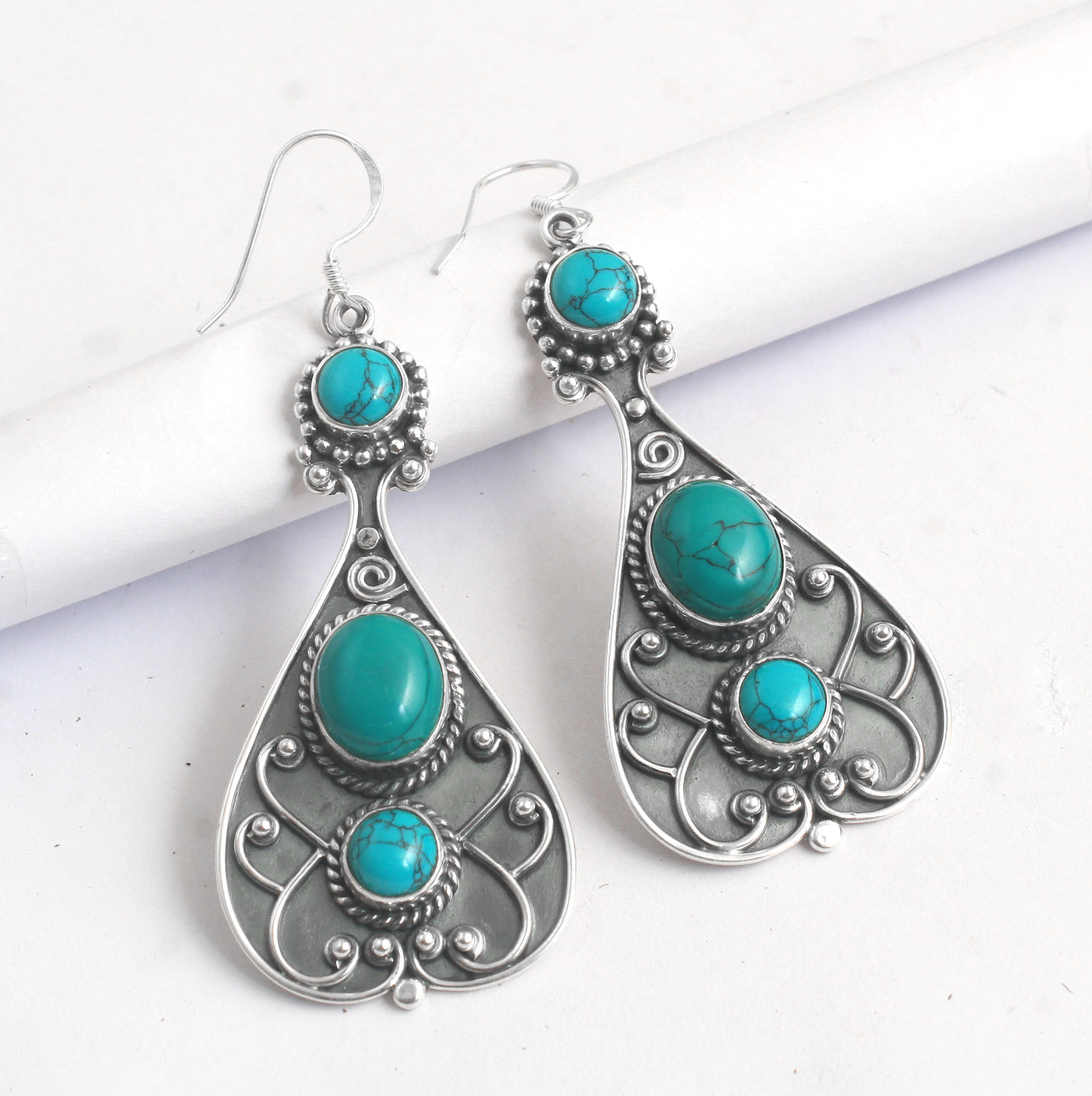Bohemian Silver, Turquoise Big Dangle Earring